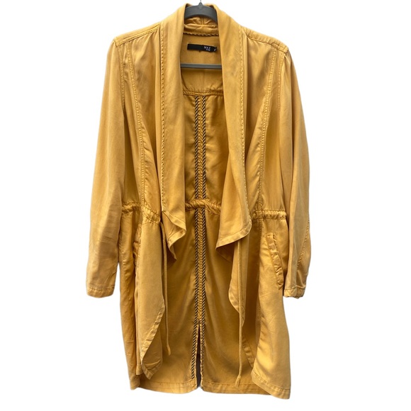 Max Jeans Draped Jacket in Mustard Yellow, Fall Trench Coat, Open Tie Front Coat - Picture 5 of 13